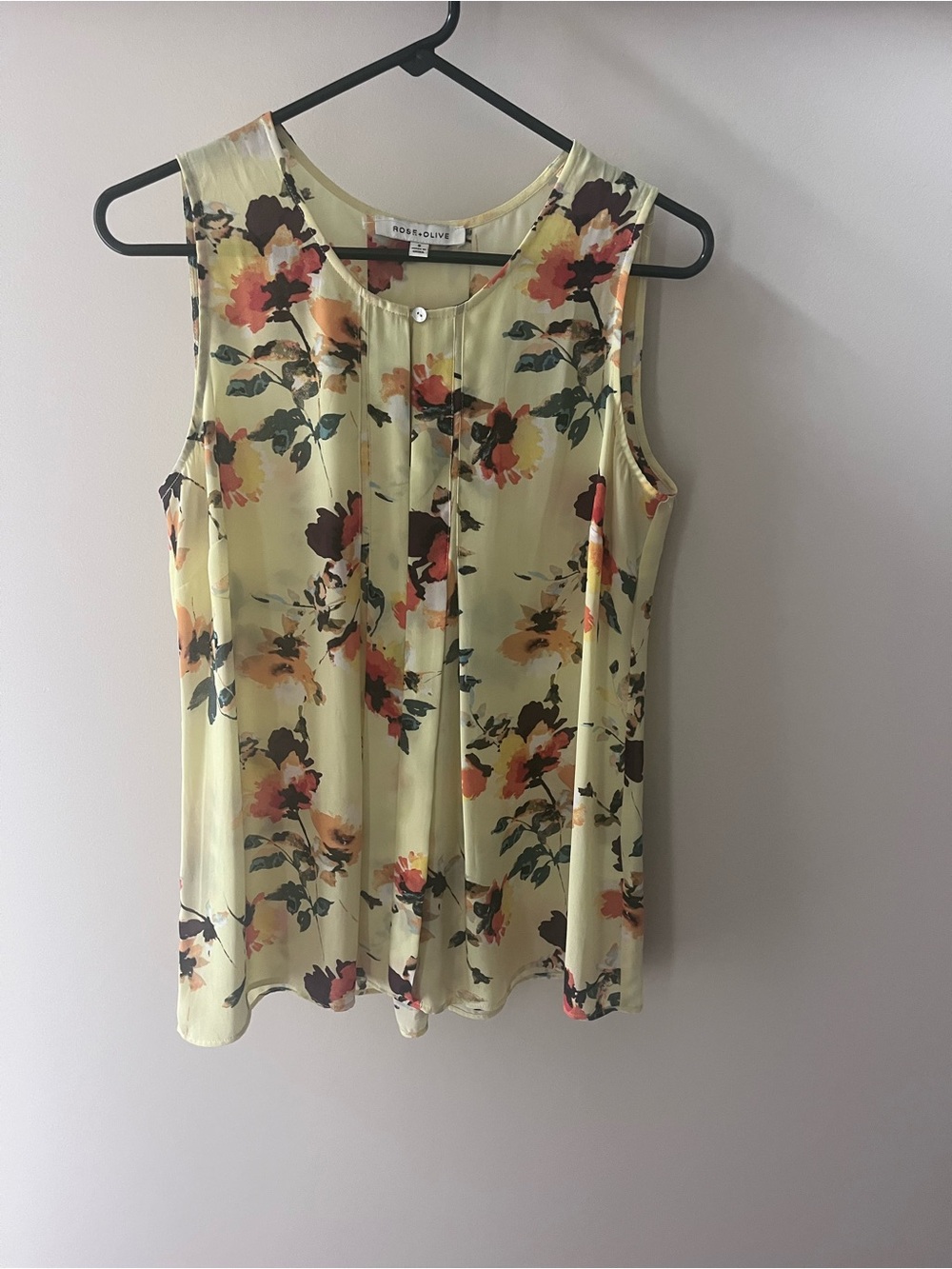 Rose & Olive Lemon Yellow Floral Button-Front Tank with pleated front detail